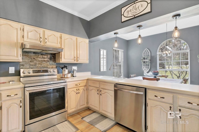 kitchen with under cabinet range hood, stainless steel appliances, a sink, light countertops, and crown molding