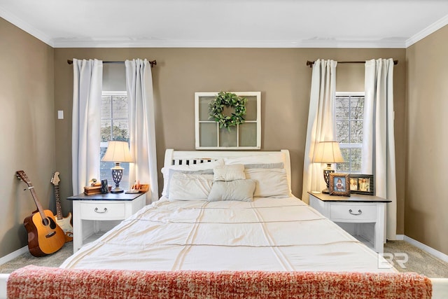 bedroom featuring light carpet, ornamental molding, and multiple windows