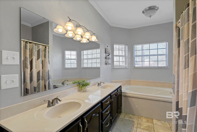 full bathroom featuring ornamental molding, a sink, and a healthy amount of sunlight