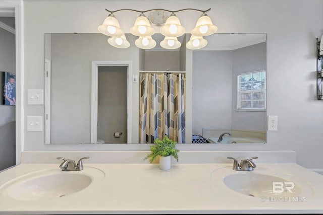 full bathroom with double vanity, crown molding, a chandelier, and a sink