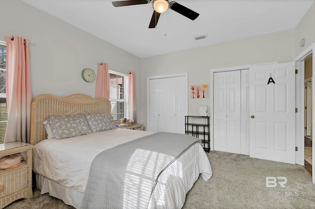 bedroom with multiple windows, carpet, visible vents, and multiple closets