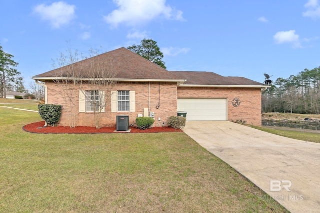 ranch-style home with brick siding, a front lawn, and central AC unit