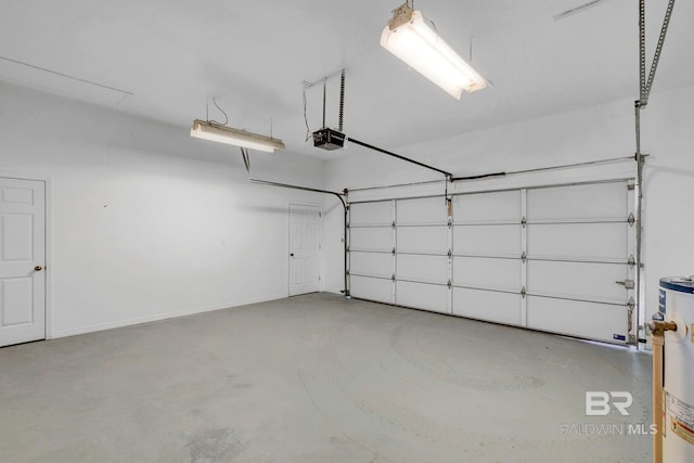 garage with water heater, baseboards, and a garage door opener