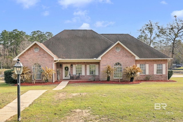 view of front facade featuring a shingled roof, brick siding, and a front lawn