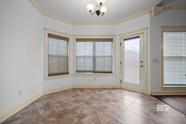 interior space featuring plenty of natural light, ornamental molding, and a chandelier