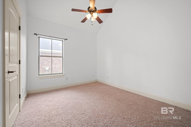 unfurnished room featuring carpet, ceiling fan, and lofted ceiling