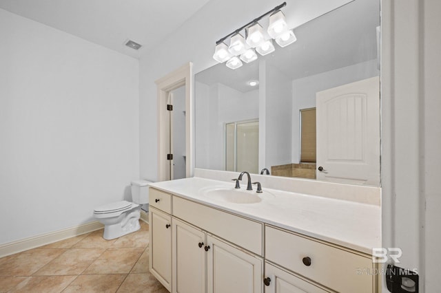 bathroom featuring tile patterned flooring, vanity, toilet, and walk in shower