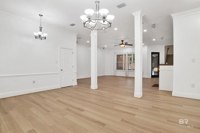 4340 Hamilton Oaks Ln, Mobile, AL 36695 - unfurnished living room featuring a chandelier, a ceiling fan, crown molding, light wood-style floors, and recessed lighting