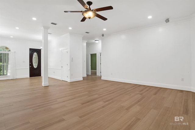 4340 Hamilton Oaks Ln, Mobile, AL 36695 - unfurnished living room featuring ceiling fan, light wood finished floors, crown molding, recessed lighting, and ornate columns