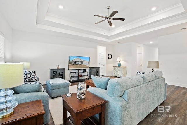 living room with crown molding, dark wood-type flooring, and a raised ceiling