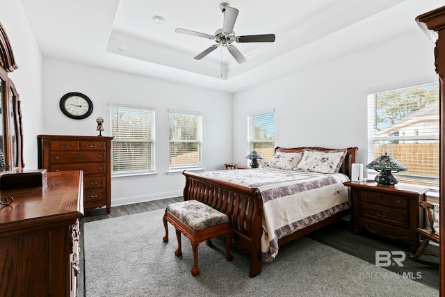 bedroom with dark hardwood / wood-style floors, a raised ceiling, and ceiling fan