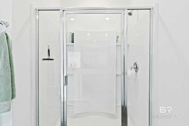 bathroom featuring a shower with shower door