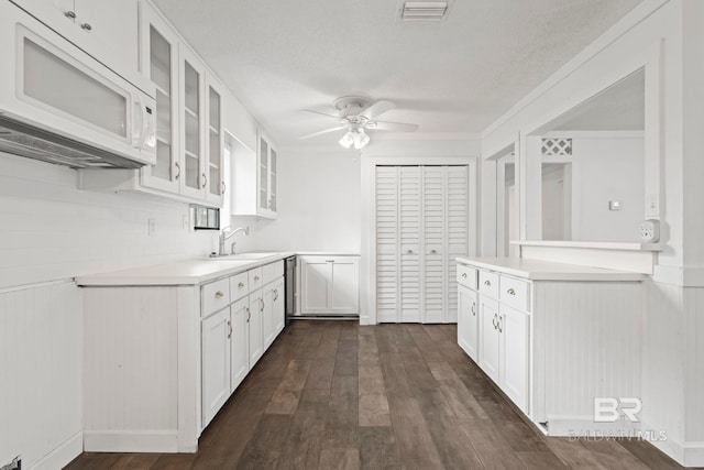 kitchen featuring sink, ceiling fan, white cabinetry, dark hardwood / wood-style floors, and stainless steel dishwasher