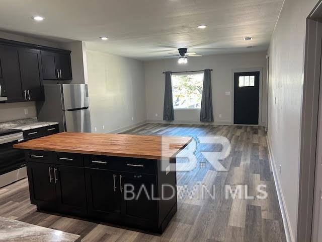 kitchen featuring hardwood / wood-style flooring, ceiling fan, wooden counters, and appliances with stainless steel finishes