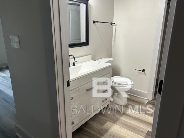 bathroom featuring vanity, toilet, and wood-type flooring