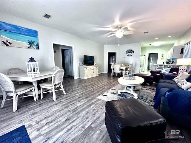 living room with ceiling fan and hardwood / wood-style flooring