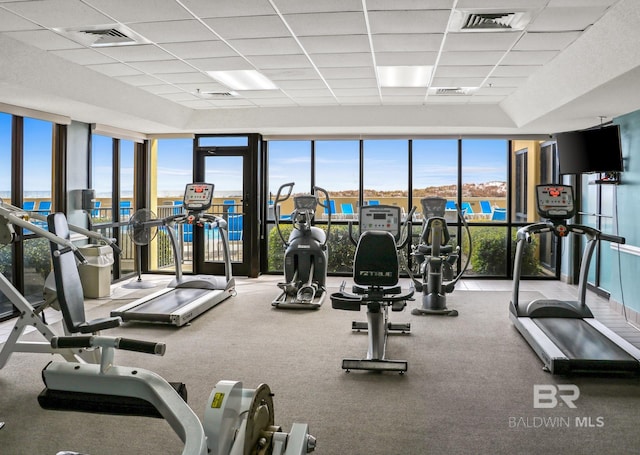 exercise room featuring visible vents, floor to ceiling windows, and a drop ceiling