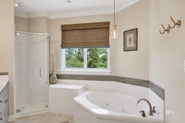 bathroom with ornamental molding, vanity, independent shower and bath, and tile patterned floors