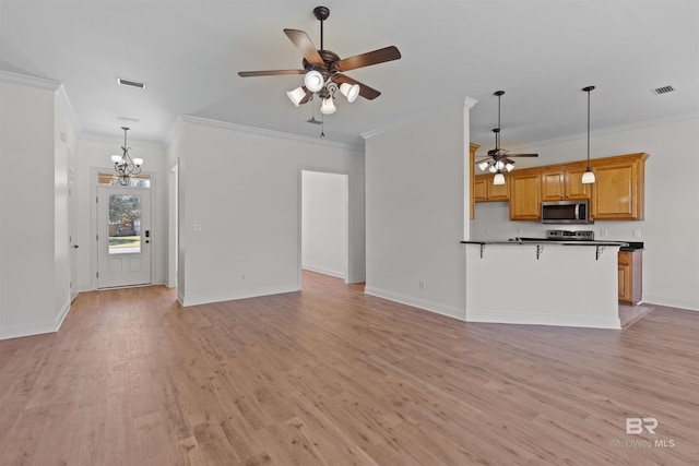 unfurnished living room featuring ceiling fan with notable chandelier, light wood-style flooring, baseboards, and visible vents