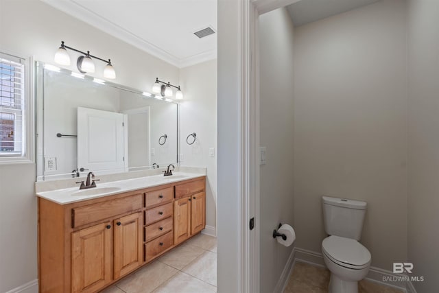 full bath with double vanity, toilet, visible vents, and a sink