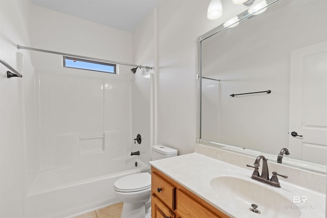 bathroom featuring tile patterned flooring, shower / tub combination, toilet, and vanity