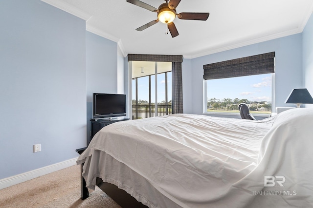 carpeted bedroom with ceiling fan, ornamental molding, and multiple windows