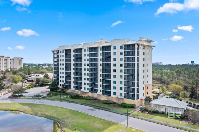 view of building exterior featuring a water view