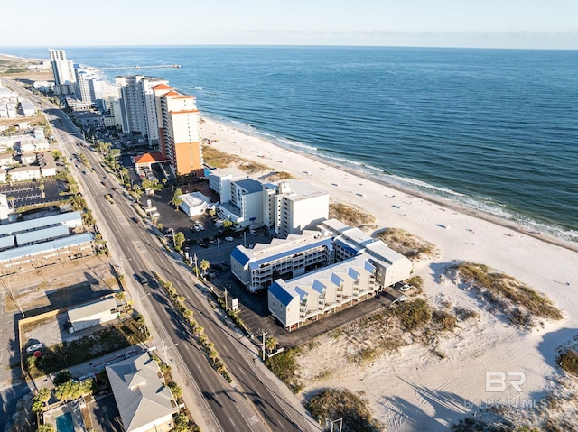 aerial view featuring a water view and a view of the beach