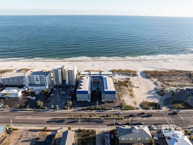 aerial view featuring a water view and a view of the beach