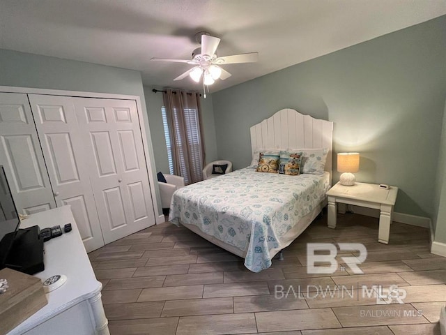 bedroom featuring wood-type flooring, a closet, and ceiling fan