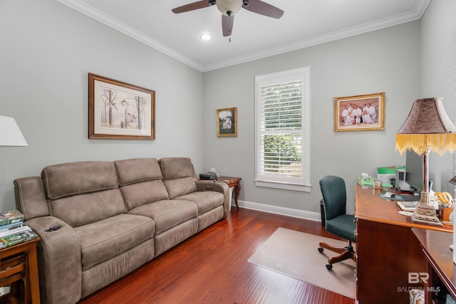 office space featuring crown molding, dark hardwood / wood-style flooring, and ceiling fan