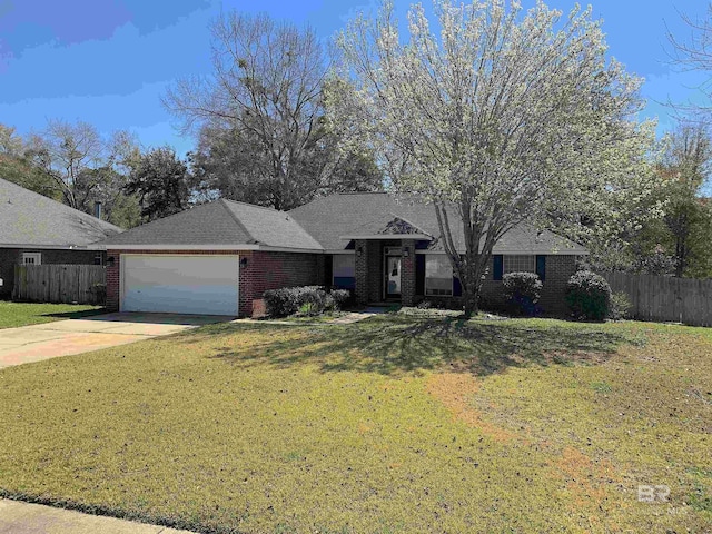 ranch-style home featuring fence, a front lawn, brick siding, a garage, and driveway