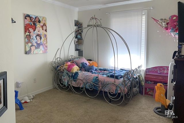 carpeted bedroom with ornamental molding