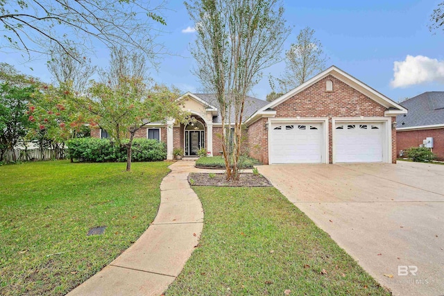 single story home featuring a garage and a front yard