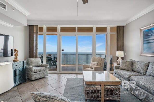 25494 Perdido Beach Blvd Unit 2005, Orange Beach, AL 36561 - living room with visible vents, ornamental molding, a water view, and light tile patterned floors
