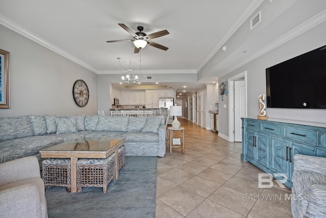 25494 Perdido Beach Blvd Unit 2005, Orange Beach, AL 36561 - living area with visible vents, crown molding, ceiling fan with notable chandelier, and light tile patterned floors