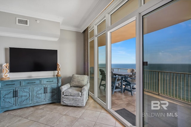 25494 Perdido Beach Blvd Unit 2005, Orange Beach, AL 36561 - living area featuring crown molding, a water view, light tile patterned floors, and visible vents