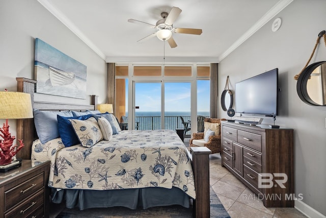 25494 Perdido Beach Blvd Unit 2005, Orange Beach, AL 36561 - bedroom featuring crown molding, baseboards, ceiling fan, access to outside, and light tile patterned floors