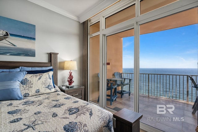 25494 Perdido Beach Blvd Unit 2005, Orange Beach, AL 36561 - tiled bedroom featuring a water view and ornamental molding
