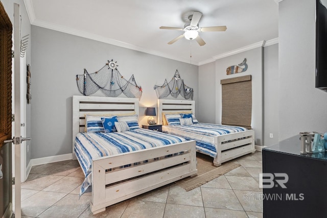 25494 Perdido Beach Blvd Unit 2005, Orange Beach, AL 36561 - bedroom featuring crown molding, ceiling fan, baseboards, and light tile patterned floors