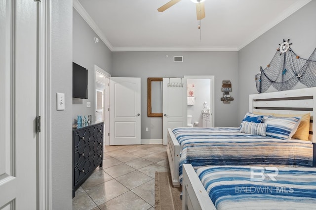 25494 Perdido Beach Blvd Unit 2005, Orange Beach, AL 36561 - bedroom with crown molding, light tile patterned flooring, ceiling fan, baseboards, and visible vents