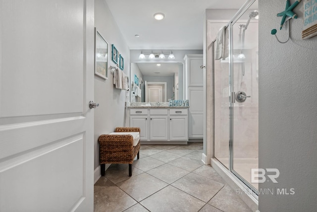 25494 Perdido Beach Blvd Unit 2005, Orange Beach, AL 36561 - bathroom featuring vanity, tile patterned floors, and a stall shower