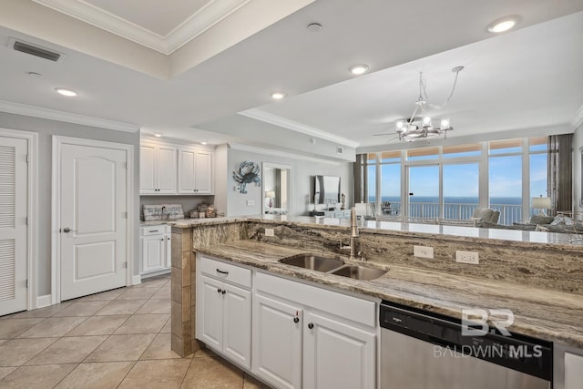 25494 Perdido Beach Blvd Unit 2005, Orange Beach, AL 36561 - kitchen featuring stainless steel dishwasher, visible vents, an inviting chandelier, white cabinets, and a sink