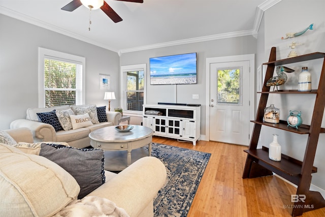 5781 State Highway 180 Unit 6020, Gulf Shores, AL 36542 - living room featuring ornamental molding, ceiling fan, and light wood-type flooring