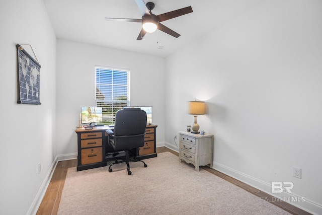 office space featuring light hardwood / wood-style floors and ceiling fan