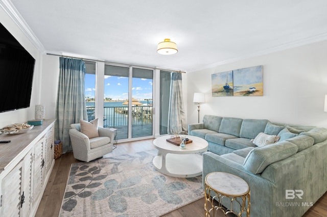 living room featuring crown molding, a water view, floor to ceiling windows, and dark hardwood / wood-style flooring