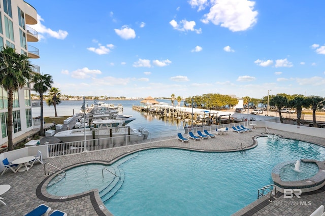 view of pool with a patio and a water view