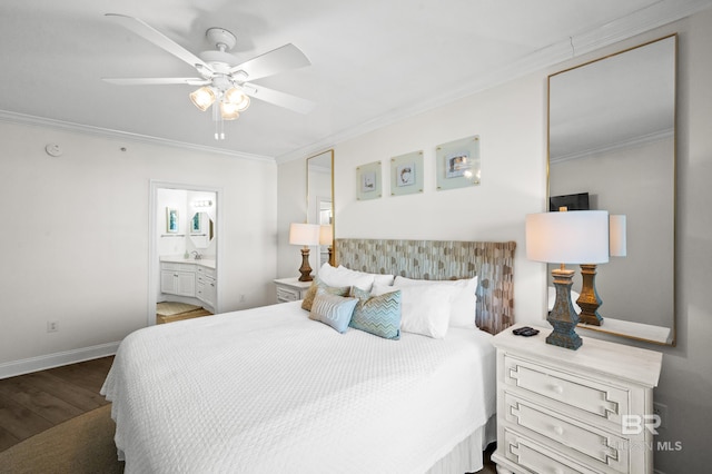 bedroom with ensuite bathroom, wood-type flooring, sink, ornamental molding, and ceiling fan