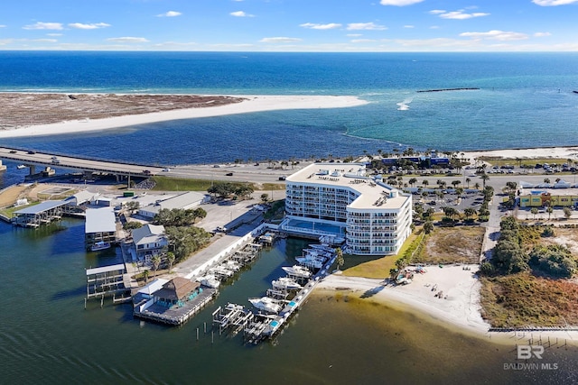 drone / aerial view with a water view and a view of the beach