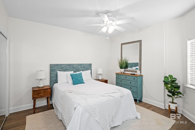 bedroom featuring ceiling fan and dark hardwood / wood-style flooring